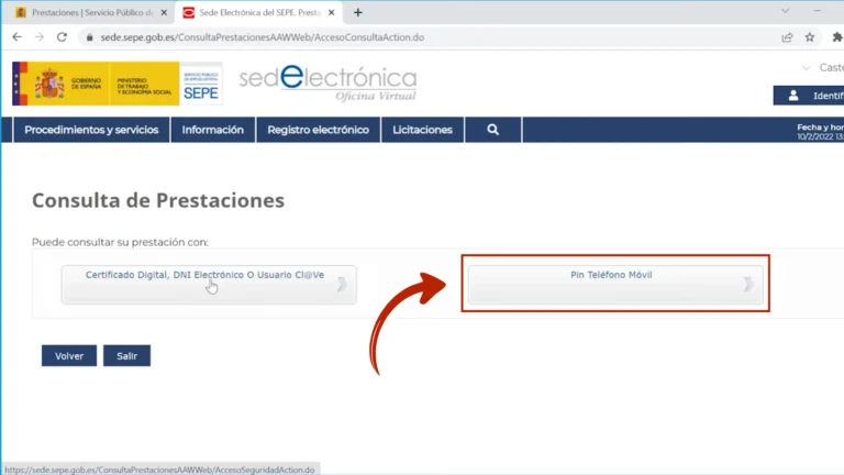 Pantalla de acceso al SEPE con la opción PIN Teléfono Móvil seleccionada para consultar prestaciones sin certificado digital Pantalla de acceso al SEPE con la opción PIN Teléfono Móvil seleccionada para consultar prestaciones sin certificado digital
