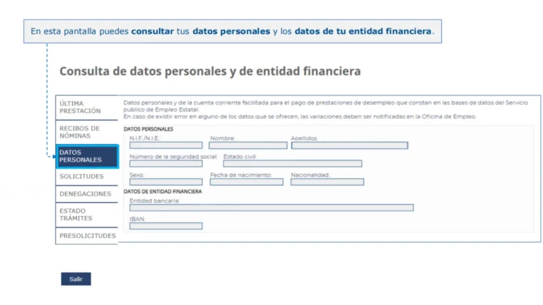 Vista de los datos personales registrados en el sistema del SEPE incluyendo domicilio y contacto Vista de los datos personales registrados en el sistema del SEPE incluyendo domicilio y contacto