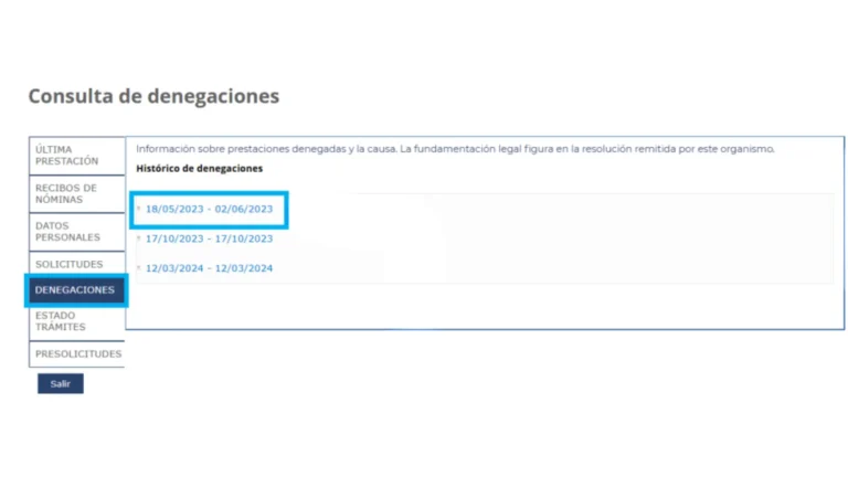 Sección de denegaciones del SEPE donde se muestran las solicitudes rechazadas con el motivo indicado Sección de denegaciones del SEPE donde se muestran las solicitudes rechazadas con el motivo indicado
