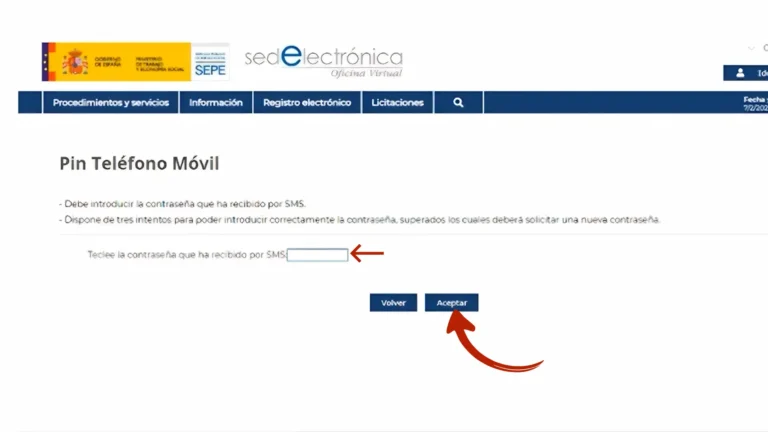 Pantalla para introducir el código PIN recibido por SMS en el teléfono registrado para acceder al área personal del SEPE Pantalla para introducir el código PIN recibido por SMS en el teléfono registrado para acceder al área personal del SEPE
