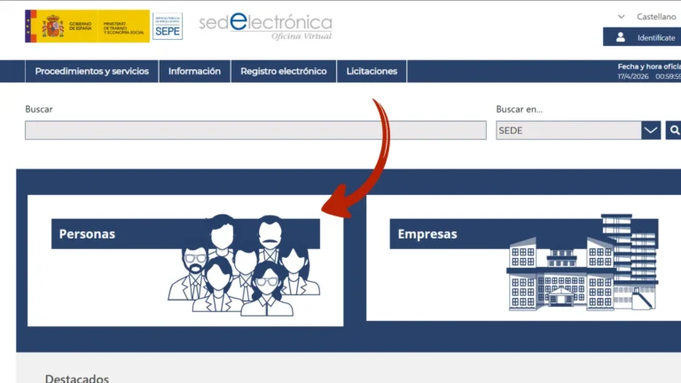Página principal de sede.sepe.gob.es con el acceso al área de Personas para iniciar la consulta Página principal de sede.sepe.gob.es con el acceso al área de Personas para iniciar la consulta