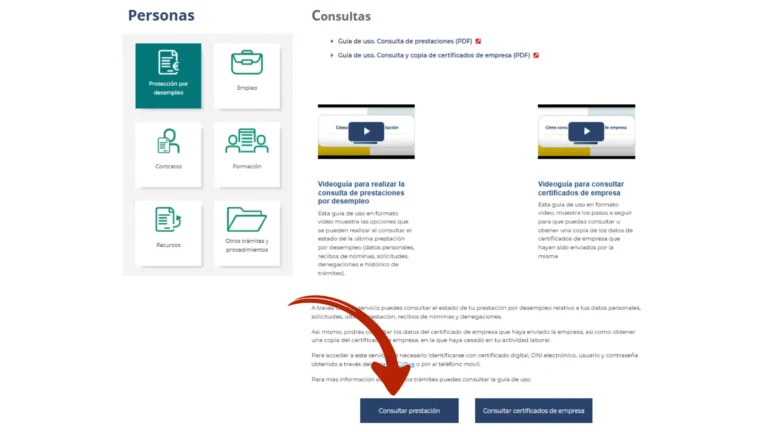 Opciones de gestión del desempleo en el SEPE con el enlace Consulta de prestaciones resaltado para continuar Opciones de gestión del desempleo en el SEPE con el enlace Consulta de prestaciones resaltado para continuar