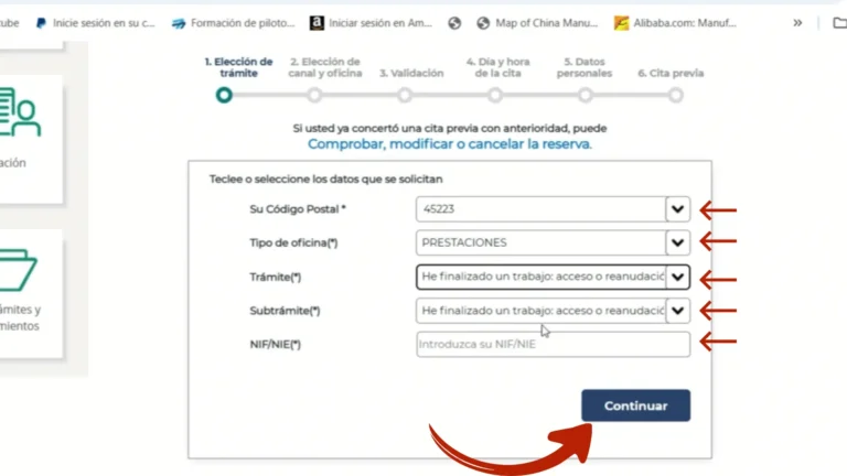 Formulario de cita previa SEPE con campos de código postal, tipo de trámite y NIF/NIE para solicitar cita online Formulario de cita previa SEPE con campos de código postal, tipo de trámite y NIF/NIE para solicitar cita online