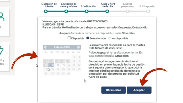 Calendario para elegir fecha y hora disponible en la oficina de desempleo seleccionada Calendario para elegir fecha y hora disponible en la oficina de desempleo seleccionada
