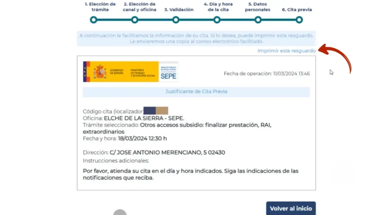 Justificante de cita previa SEPE confirmada con fecha, hora, dirección de oficina y opción de imprimir resguardo Justificante de cita previa SEPE confirmada con fecha, hora, dirección de oficina y opción de imprimir resguardo
