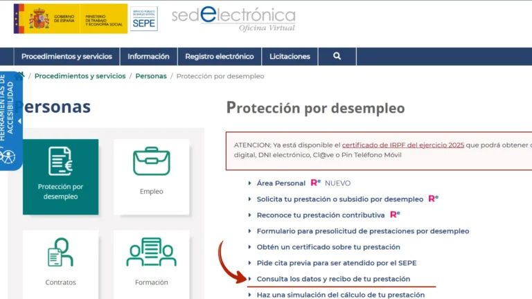 Menú de servicios del SEPE con la opción Protección por desempleo seleccionada para acceder a las prestaciones Menú de servicios del SEPE con la opción Protección por desempleo seleccionada para acceder a las prestaciones