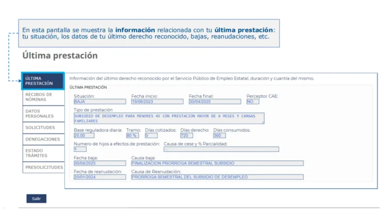 Pantalla del SEPE mostrando el resumen de la última prestación por desempleo recibida con importes y fechas Pantalla del SEPE mostrando el resumen de la última prestación por desempleo recibida con importes y fechas