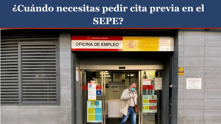 Oficina de empleo del SEPE en España con persona entrando, información sobre cuándo es necesaria la cita previa SEPE para trámites de prestaciones y subsidios Oficina de empleo del SEPE en España con persona entrando, información sobre cuándo es necesaria la cita previa SEPE para trámites de prestaciones y subsidios
